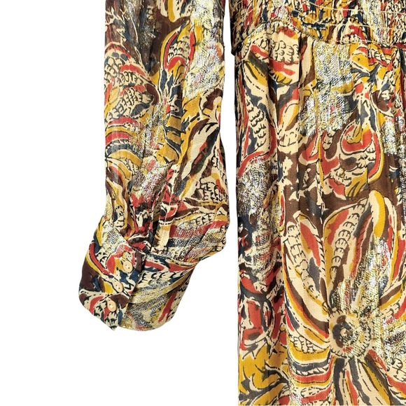 Ba&sh Quartz Dress - Metallic Gold Brown Floral V-Neck Long Sleeve Maxi Dress - Picture 10 of 14